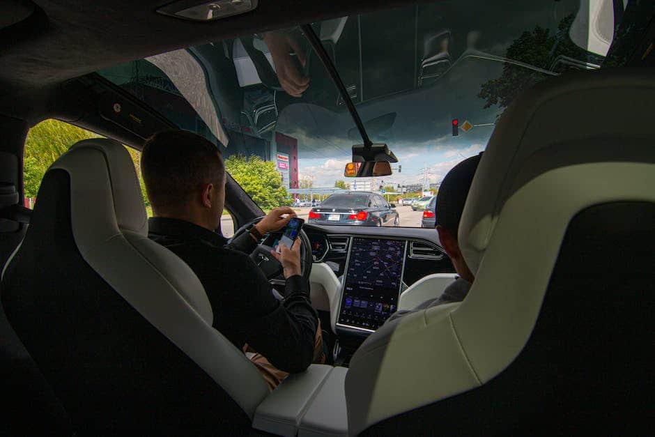 Illustration of a Tesla car driving with the Autopilot system engaged, showcasing its advanced driving capabilities